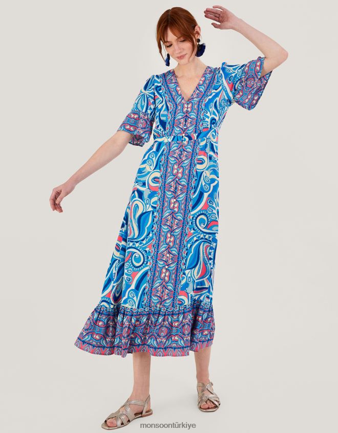 Monsoon kadınlar Lenzing ecoverolu raegan kontrast desenli elbise JH86BT415 Giyim mavi