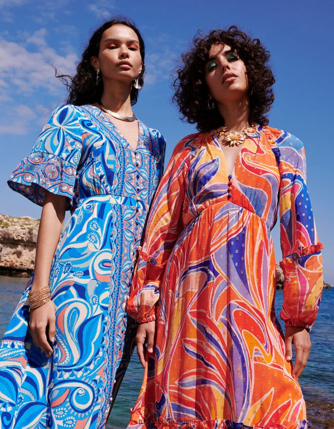 Monsoon kadınlar Lenzing ecoverolu raegan kontrast desenli elbise JH86BT415 Giyim mavi