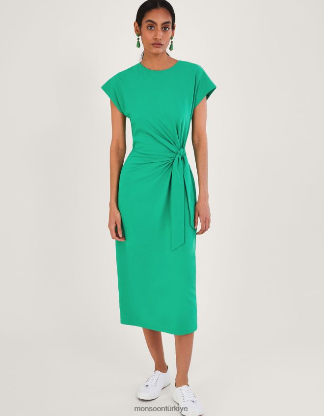 Monsoon kadınlar Sürdürülebilir pamuklu kısa kollu yandan düğümlü midi jarse elbise JH86BT737 Giyim yeşil
