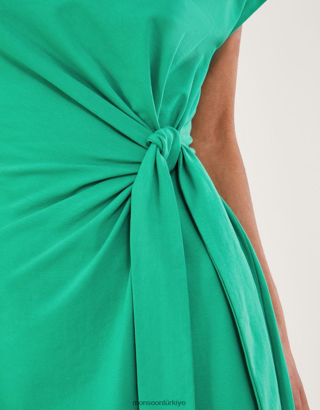Monsoon kadınlar Sürdürülebilir pamuklu kısa kollu yandan düğümlü midi jarse elbise JH86BT737 Giyim yeşil