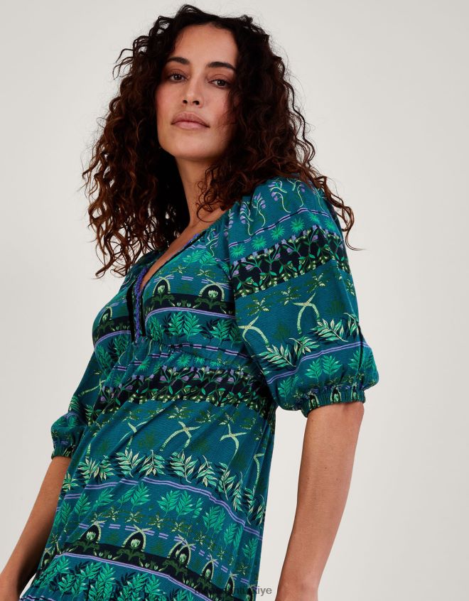 Monsoon kadınlar Sürdürülebilir pamuklu, katmanlı yaprak desenli midi jarse elbise JH86BT2804 Giyim yeşil