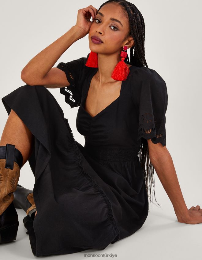 Monsoon kadınlar broderie süslemeli midi elbise JH86BT957 Giyim siyah