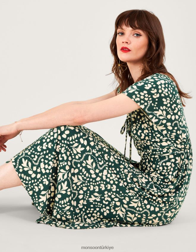 Monsoon kadınlar desenli dar kesim midi elbise JH86BT244 Giyim yeşil (koyu yeşil)