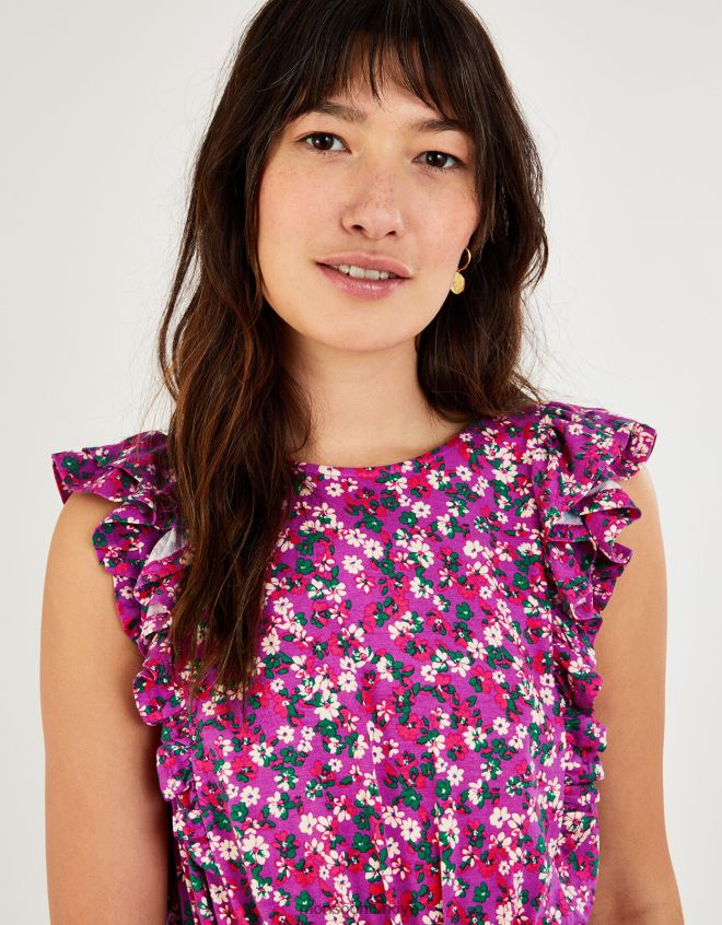 Monsoon kadınlar fırfırlı kolsuz küçük çiçekli midi elbise JH86BT826 Giyim mor