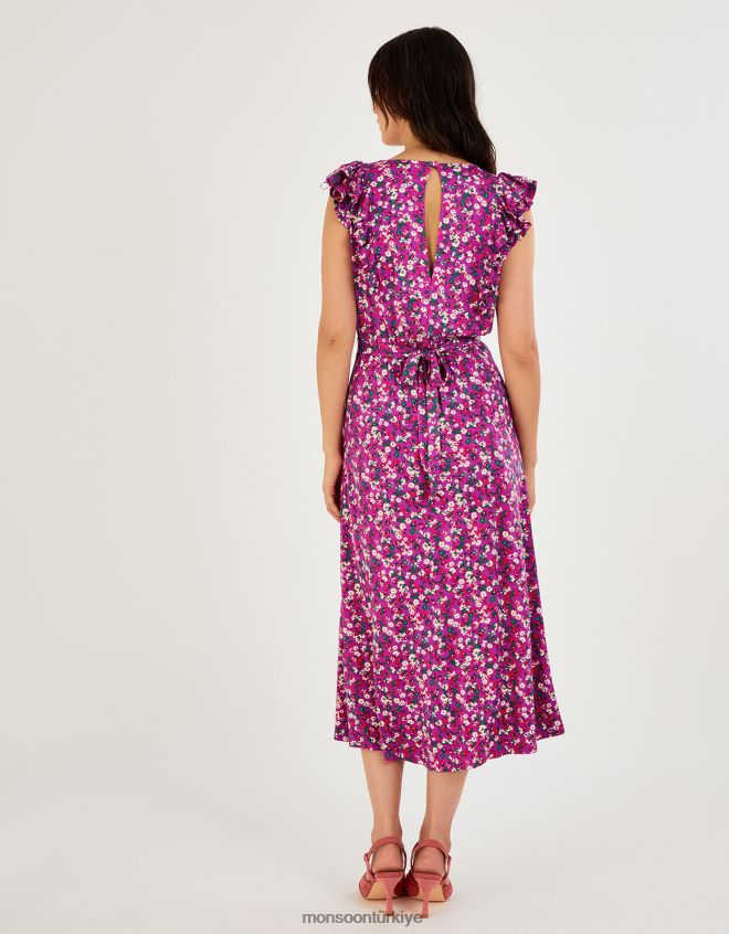 Monsoon kadınlar fırfırlı kolsuz küçük çiçekli midi elbise JH86BT826 Giyim mor