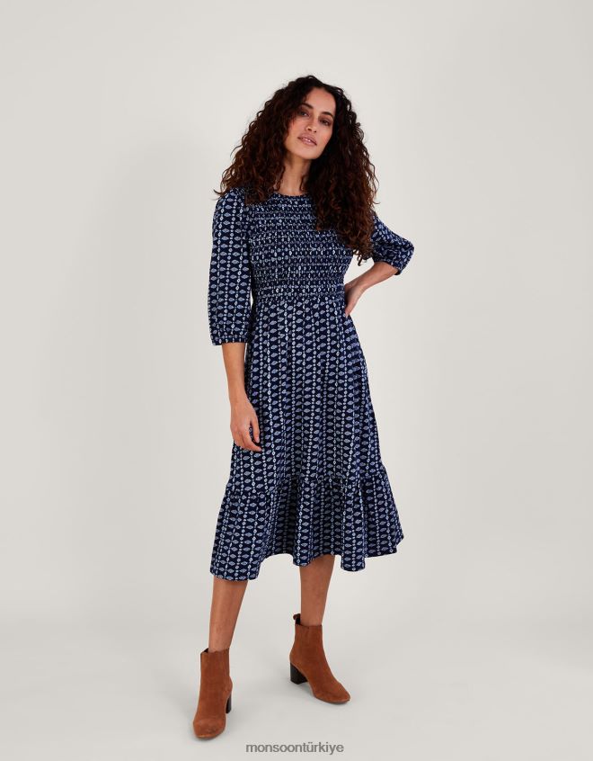 Monsoon kadınlar geometrik desenli katlı büzgülü jarse elbise JH86BT843 Giyim Mavi Donanma)