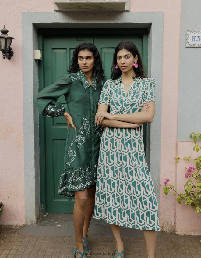 Monsoon kadınlar geometrik desenli midi jarse gömlek elbise JH86BT920 Giyim yeşil