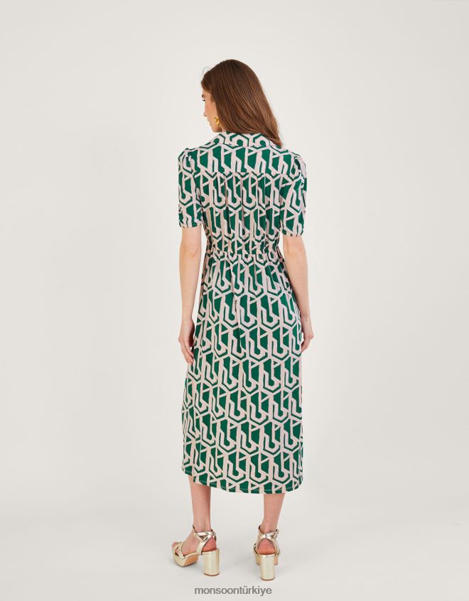 Monsoon kadınlar geometrik desenli midi jarse gömlek elbise JH86BT920 Giyim yeşil