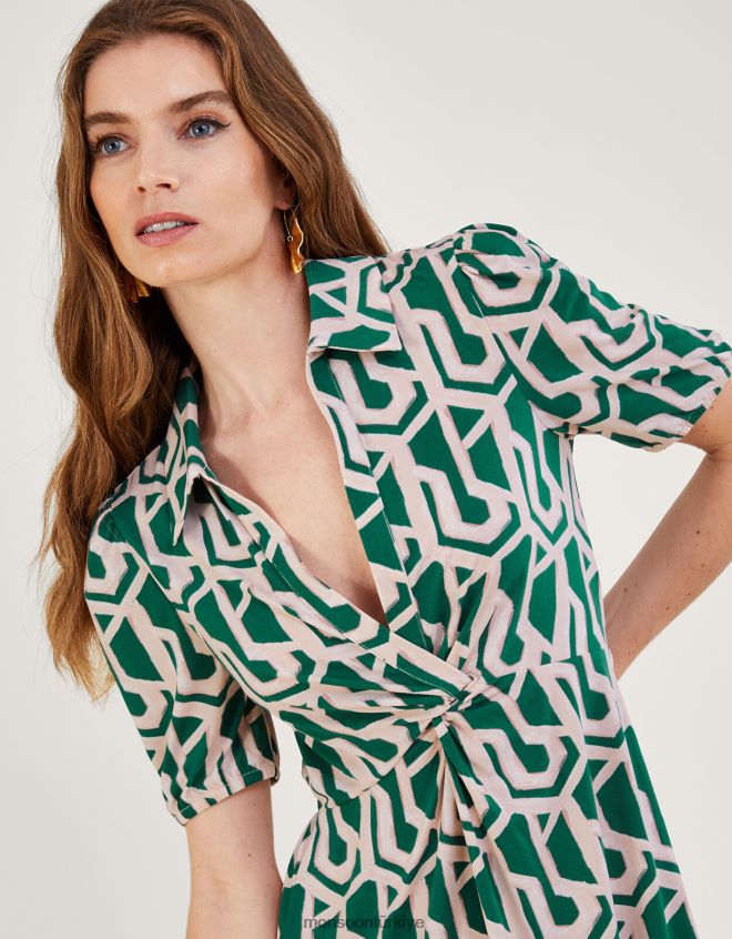 Monsoon kadınlar geometrik desenli midi jarse gömlek elbise JH86BT920 Giyim yeşil