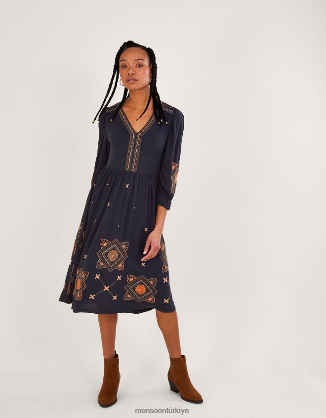 Monsoon kadınlar kabarık kollu midi jarse elbise JH86BT883 Giyim Mavi Donanma)