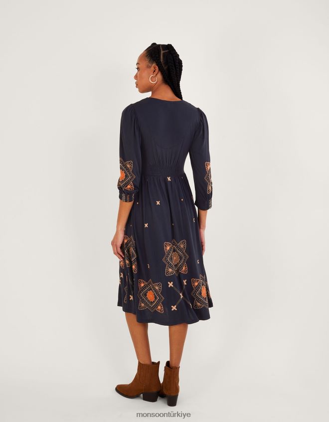 Monsoon kadınlar kabarık kollu midi jarse elbise JH86BT883 Giyim Mavi Donanma)