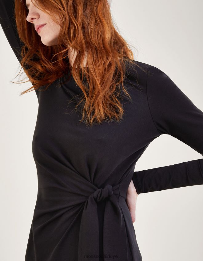 Monsoon kadınlar uzun kollu yandan düğümlü midi jarse elbise JH86BT915 Giyim siyah