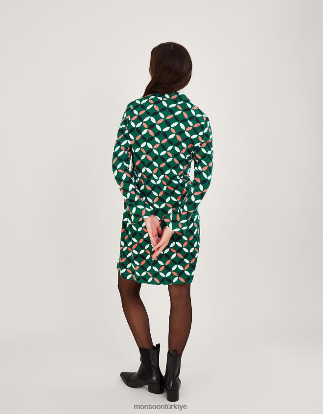 Monsoon kadınlar geometrik desenli anvelop kravatlı jarse elbise JH86BT365 Giyim yeşil