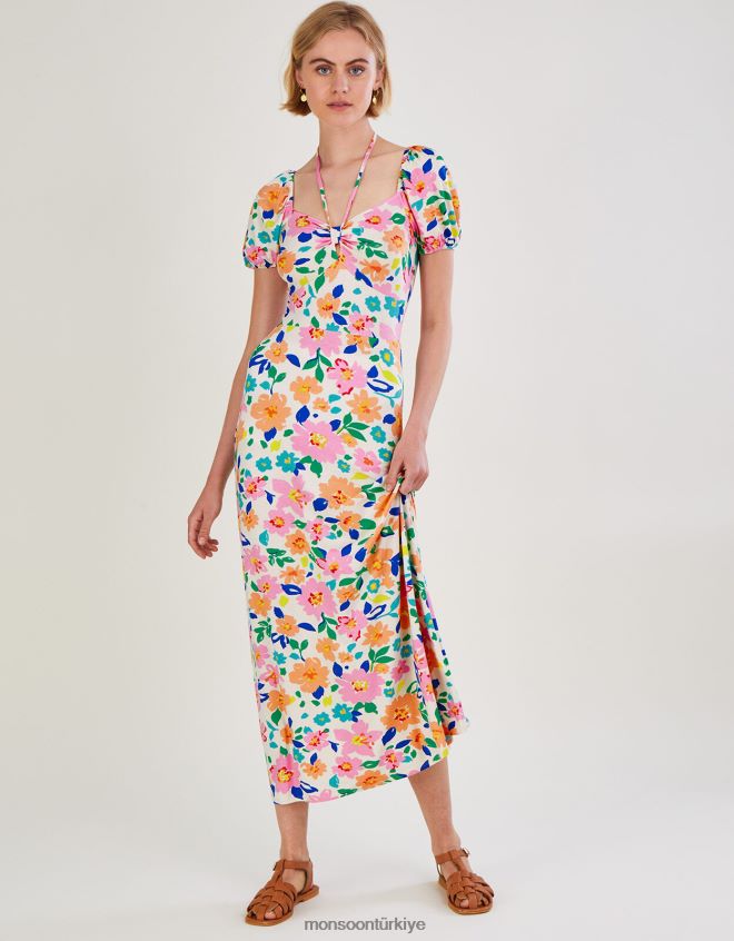 Monsoon kadınlar çiçekli kabarık kollu jarse midi elbise JH86BT626 Giyim fildişi