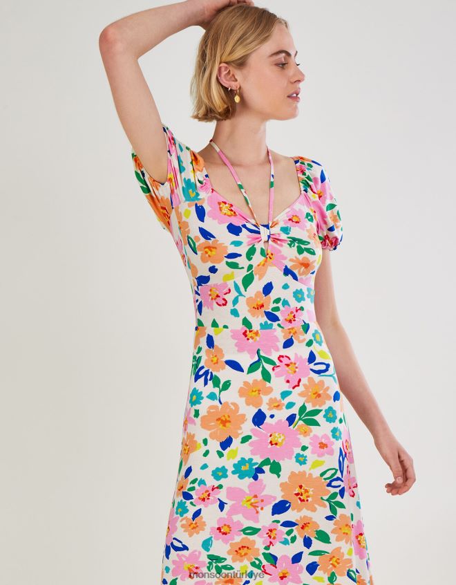 Monsoon kadınlar çiçekli kabarık kollu jarse midi elbise JH86BT626 Giyim fildişi