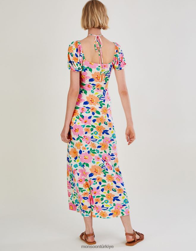 Monsoon kadınlar çiçekli kabarık kollu jarse midi elbise JH86BT626 Giyim fildişi