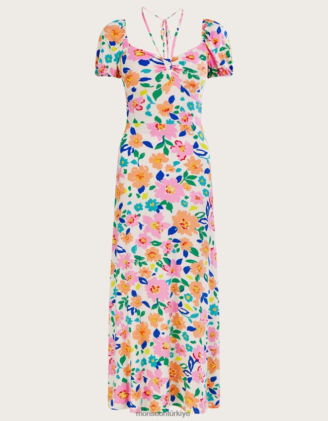 Monsoon kadınlar çiçekli kabarık kollu jarse midi elbise JH86BT626 Giyim fildişi