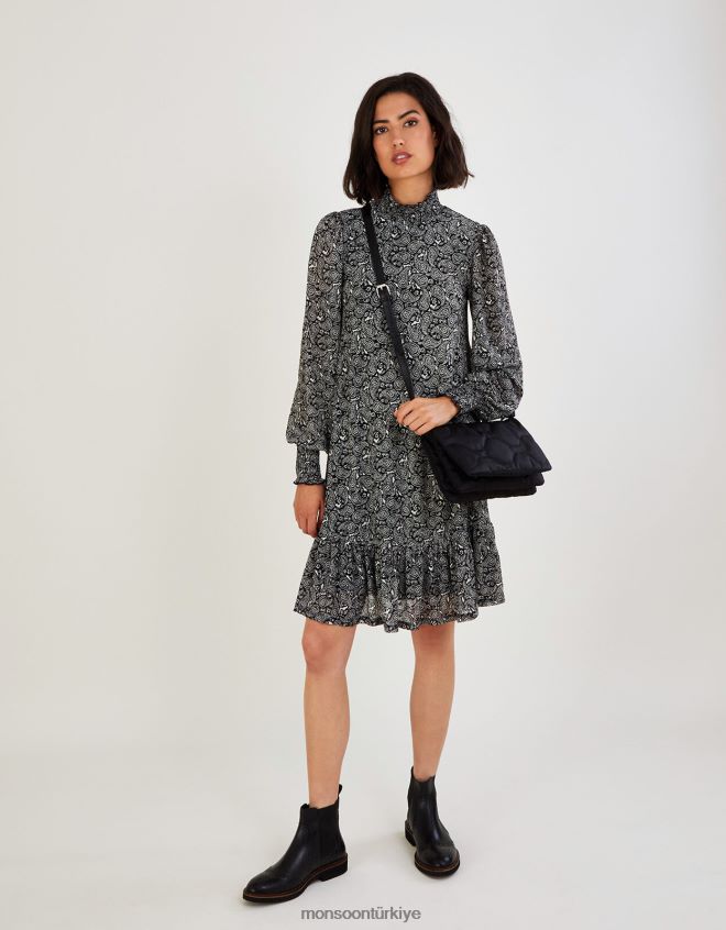 Monsoon kadınlar önlük yüksek boyun şal desenli jarse elbise JH86BT538 Giyim siyah