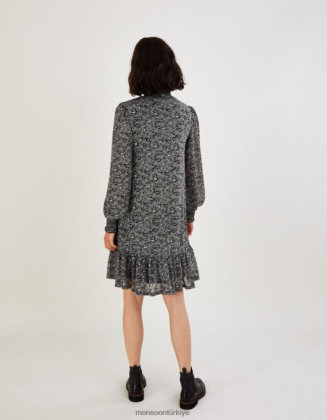 Monsoon kadınlar önlük yüksek boyun şal desenli jarse elbise JH86BT538 Giyim siyah