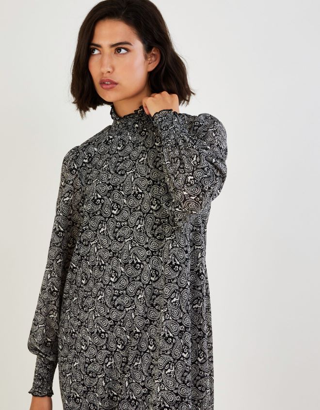 Monsoon kadınlar önlük yüksek boyun şal desenli jarse elbise JH86BT538 Giyim siyah