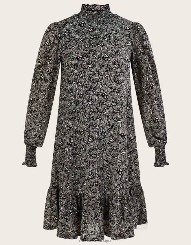 Monsoon kadınlar önlük yüksek boyun şal desenli jarse elbise JH86BT538 Giyim siyah