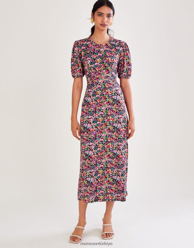 Monsoon kadınlar vintage çiçekli jarse elbise JH86BT2802 Giyim siyah