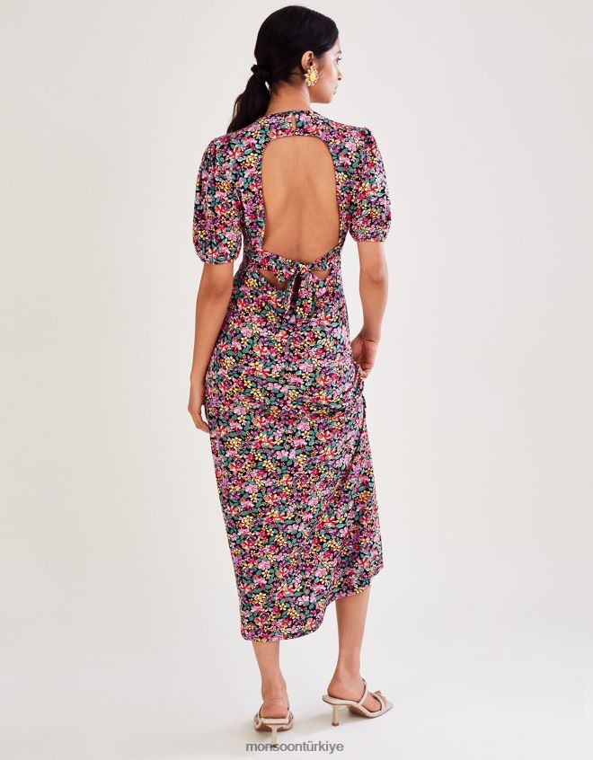 Monsoon kadınlar vintage çiçekli jarse elbise JH86BT2802 Giyim siyah