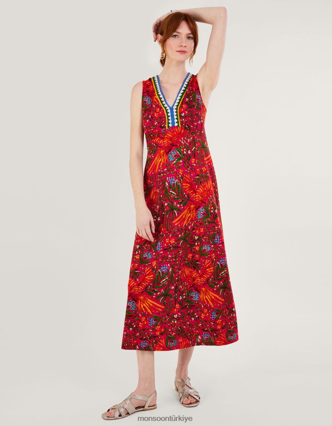 Monsoon kadınlar Keten karışımlı yaprak desenli tığ işi elbise JH86BT977 Giyim kırmızı