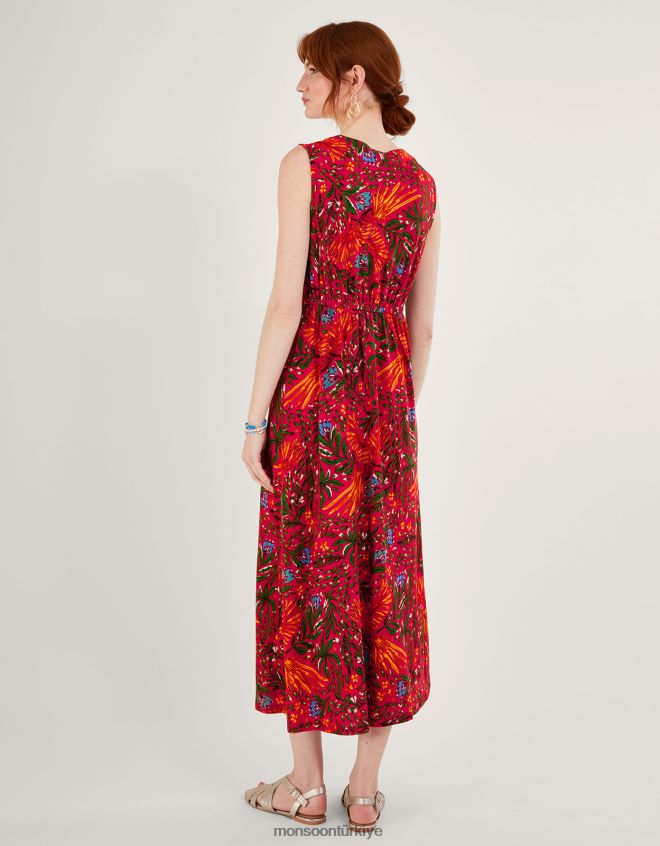 Monsoon kadınlar Keten karışımlı yaprak desenli tığ işi elbise JH86BT977 Giyim kırmızı