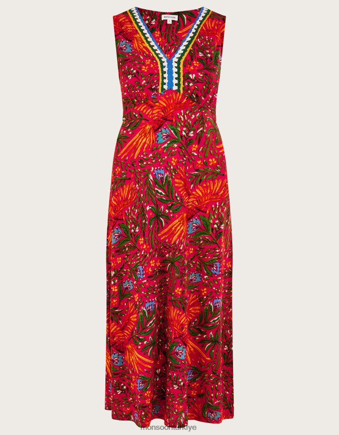 Monsoon kadınlar Keten karışımlı yaprak desenli tığ işi elbise JH86BT977 Giyim kırmızı