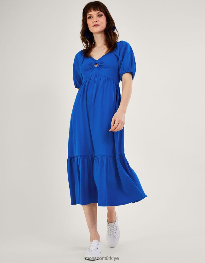 Monsoon kadınlar Puff Sleeve O-Ring Detail Midi Dress JH86BT286 Giyim mavi (kobalt)