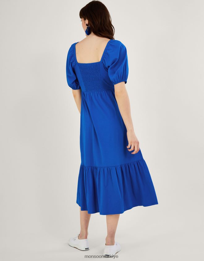 Monsoon kadınlar Puff Sleeve O-Ring Detail Midi Dress JH86BT286 Giyim mavi (kobalt)