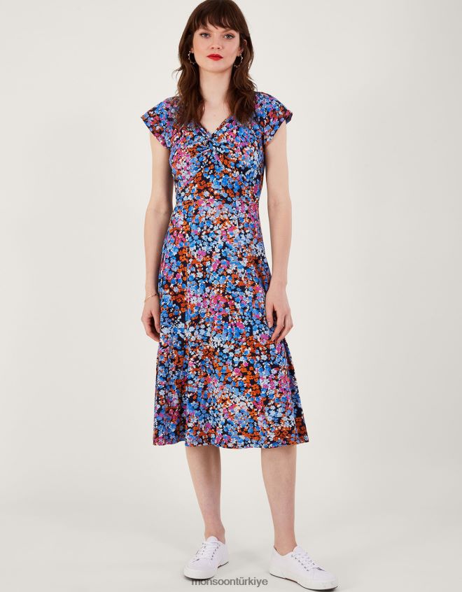 Monsoon kadınlar büküm detaylı küçük desenli jarse elbise JH86BT255 Giyim Mavi Donanma)