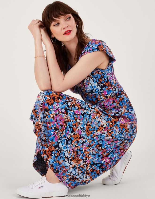 Monsoon kadınlar büküm detaylı küçük desenli jarse elbise JH86BT255 Giyim Mavi Donanma)