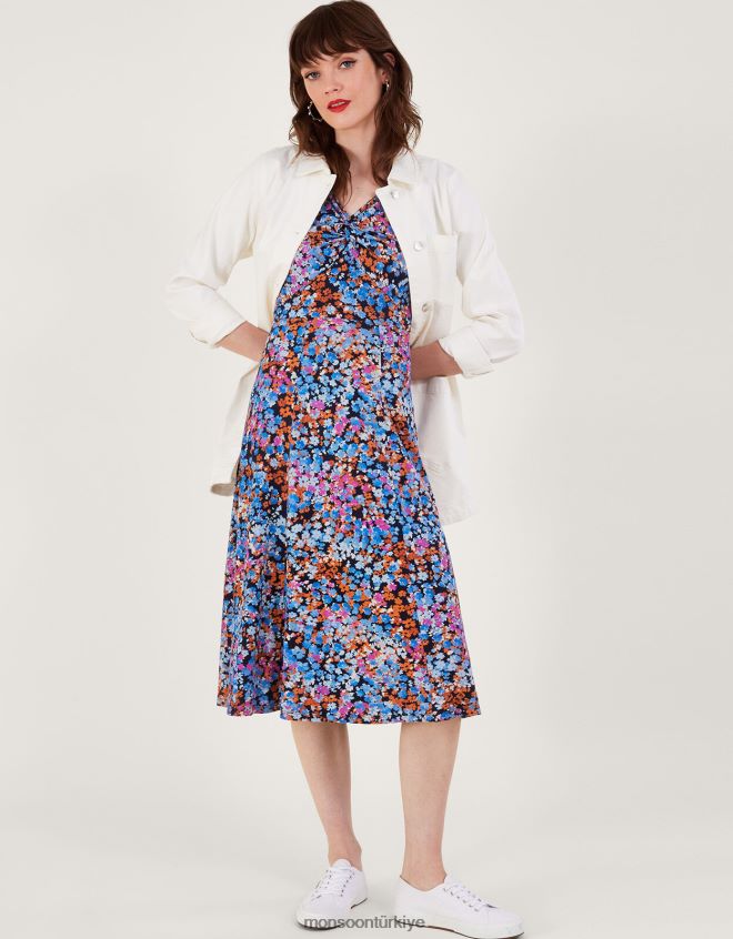 Monsoon kadınlar büküm detaylı küçük desenli jarse elbise JH86BT255 Giyim Mavi Donanma)