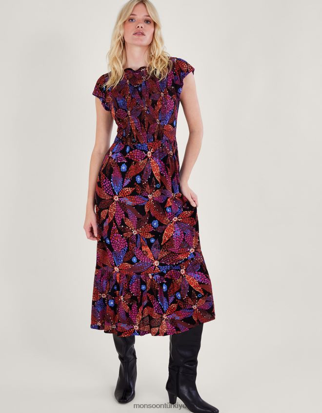 Monsoon kadınlar lenzing ecovero büzgülü çiçekli elbise JH86BT233 Giyim siyah