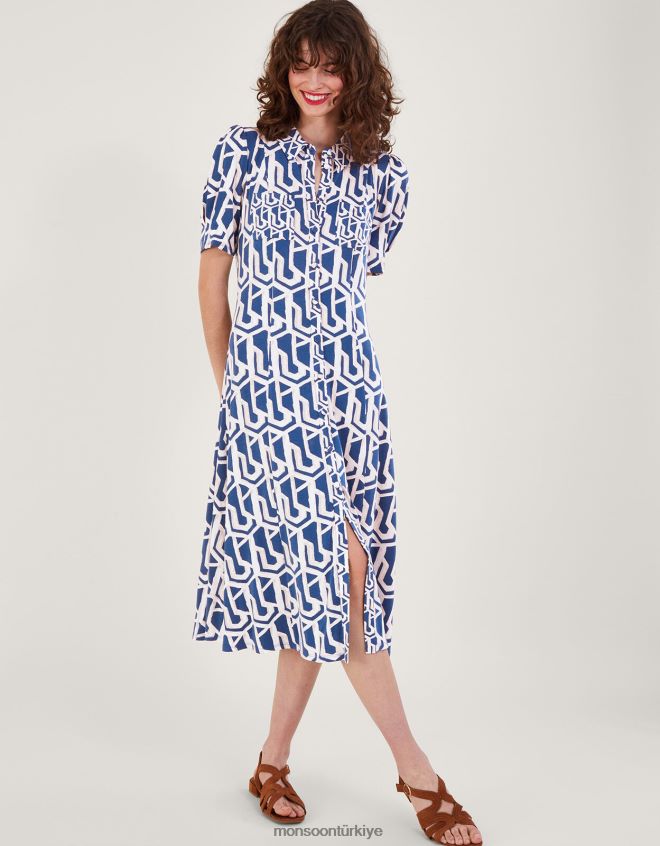 Monsoon kadınlar rizzoli geometrik desenli gömlek elbise JH86BT223 Giyim mavi (kobalt)