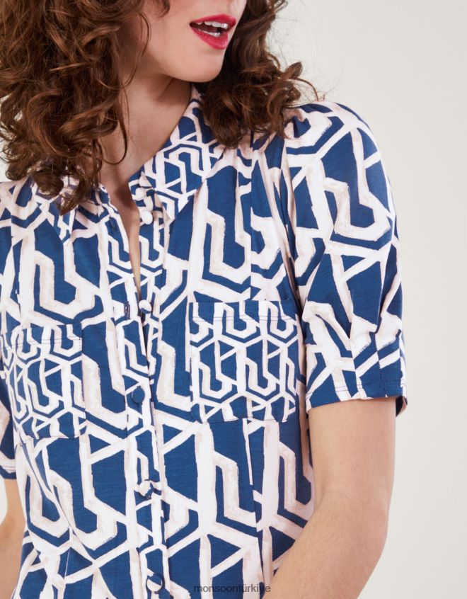 Monsoon kadınlar rizzoli geometrik desenli gömlek elbise JH86BT223 Giyim mavi (kobalt)