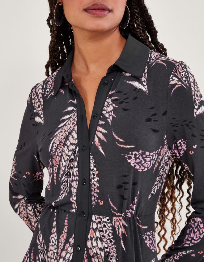 Monsoon kadınlar tüy desenli gömlek elbise JH86BT58 Giyim siyah