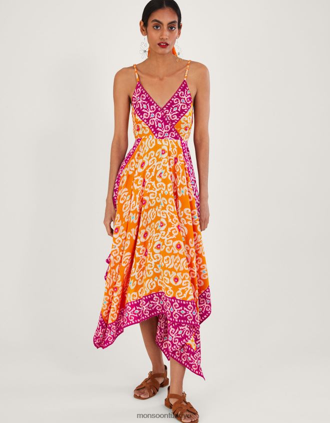 Monsoon kadınlar Lenzing Ecovero'da Bandhani Desenli Mendil Etekli Midi Elbise JH86BT822 Giyim turuncu