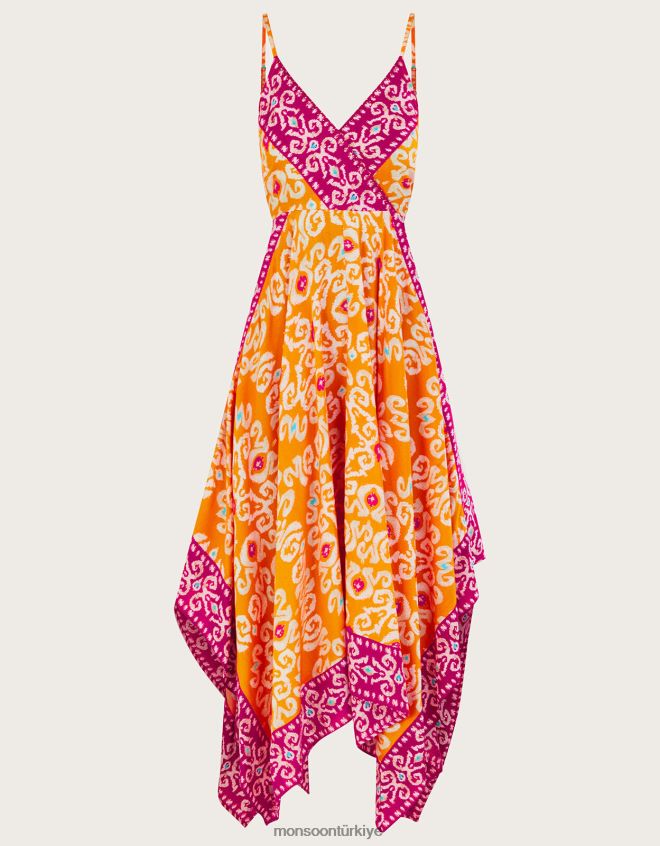 Monsoon kadınlar Lenzing Ecovero\'da Bandhani Desenli Mendil Etekli Midi Elbise JH86BT822 Giyim turuncu