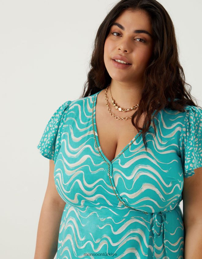 Monsoon kadınlar Lenzing Ecovero\'da anvelop dalga desenli midi elbise JH86BT1005 Giyim yeşil