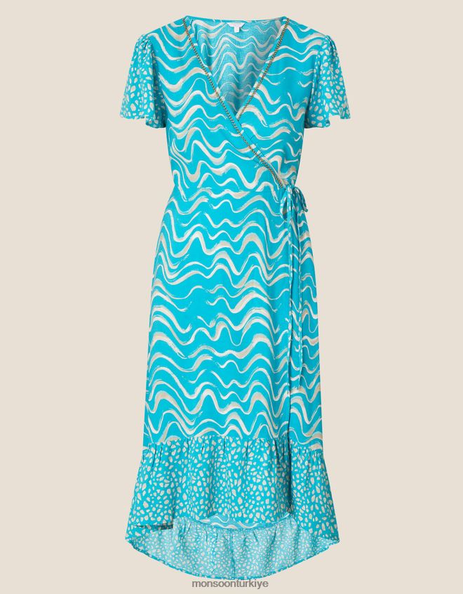 Monsoon kadınlar Lenzing Ecovero\'da anvelop dalga desenli midi elbise JH86BT1005 Giyim yeşil