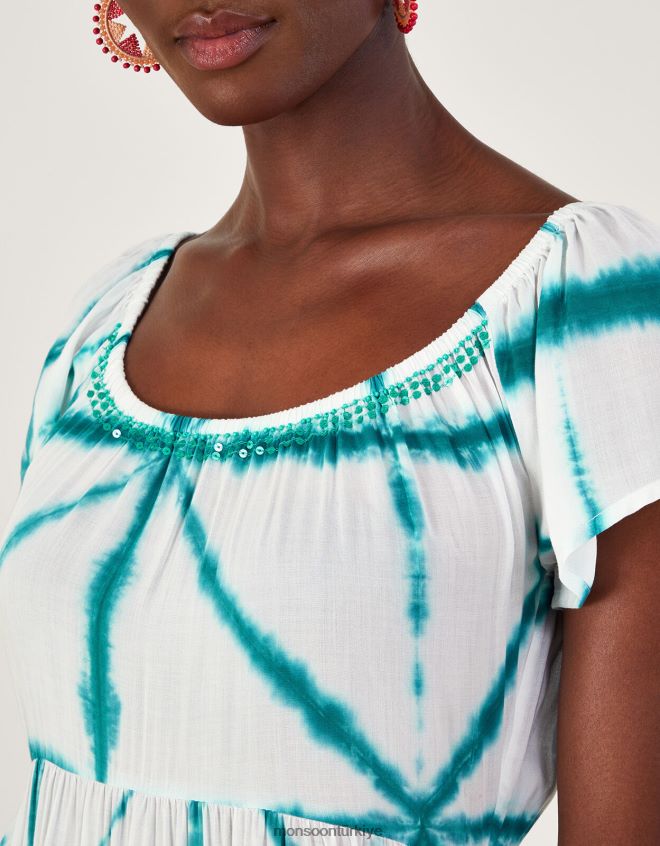 Monsoon kadınlar Lenzing Ecovero\'da çapraz desenli yüksek alçak elbise JH86BT226 Giyim beyaz