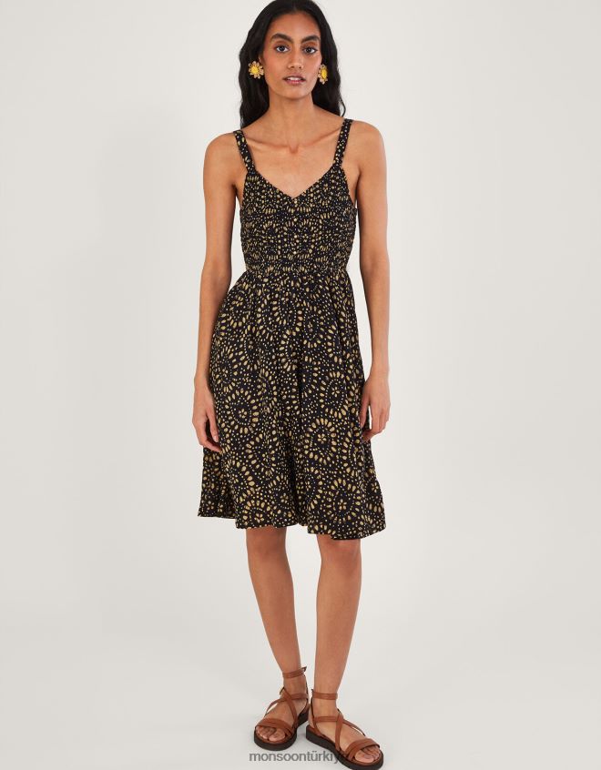 Monsoon kadınlar Lenzing Ecovero'da batik desenli diz boyu sundress JH86BT650 Giyim siyah