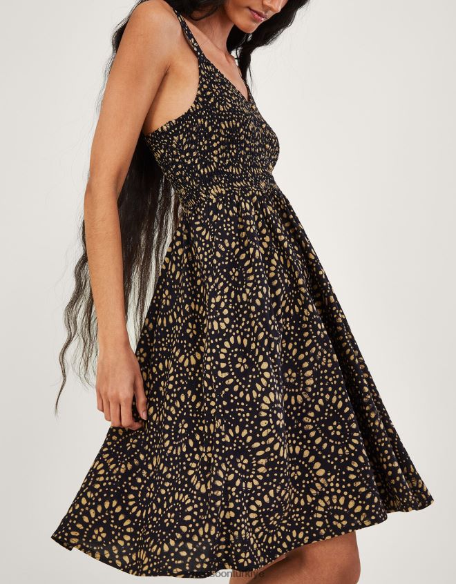 Monsoon kadınlar Lenzing Ecovero\'da batik desenli diz boyu sundress JH86BT650 Giyim siyah