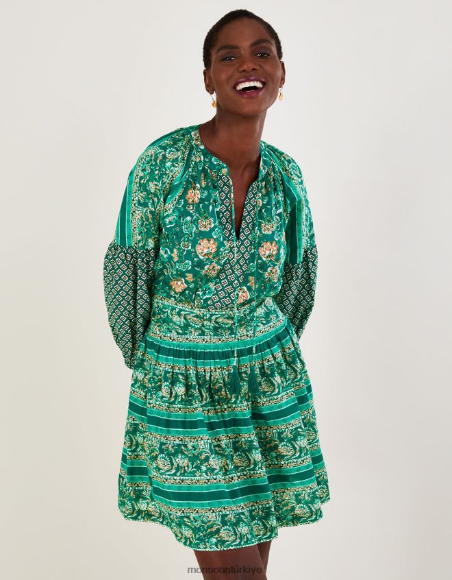 Monsoon kadınlar Lenzing Ecovero'da çiçek desenli katlı kısa elbise JH86BT753 Giyim yeşil