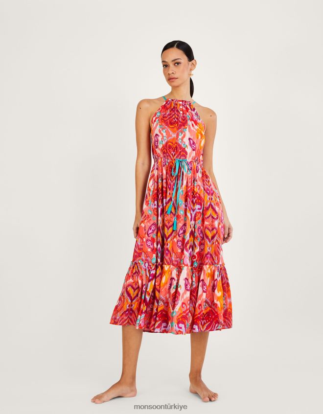 Monsoon kadınlar Lenzing Ecovero'da ikat şal desenli boyundan bağlamalı midi elbise JH86BT962 Giyim pembe