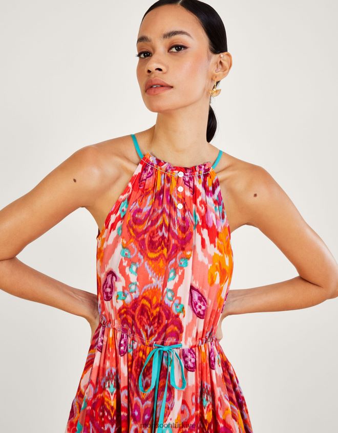 Monsoon kadınlar Lenzing Ecovero\'da ikat şal desenli boyundan bağlamalı midi elbise JH86BT962 Giyim pembe