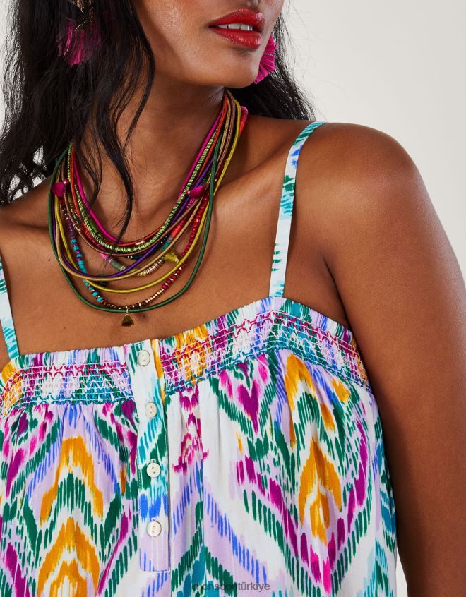 Monsoon kadınlar Lenzing Ecovero\'da ikat desenli katlı cami elbise JH86BT680 Giyim menekşe